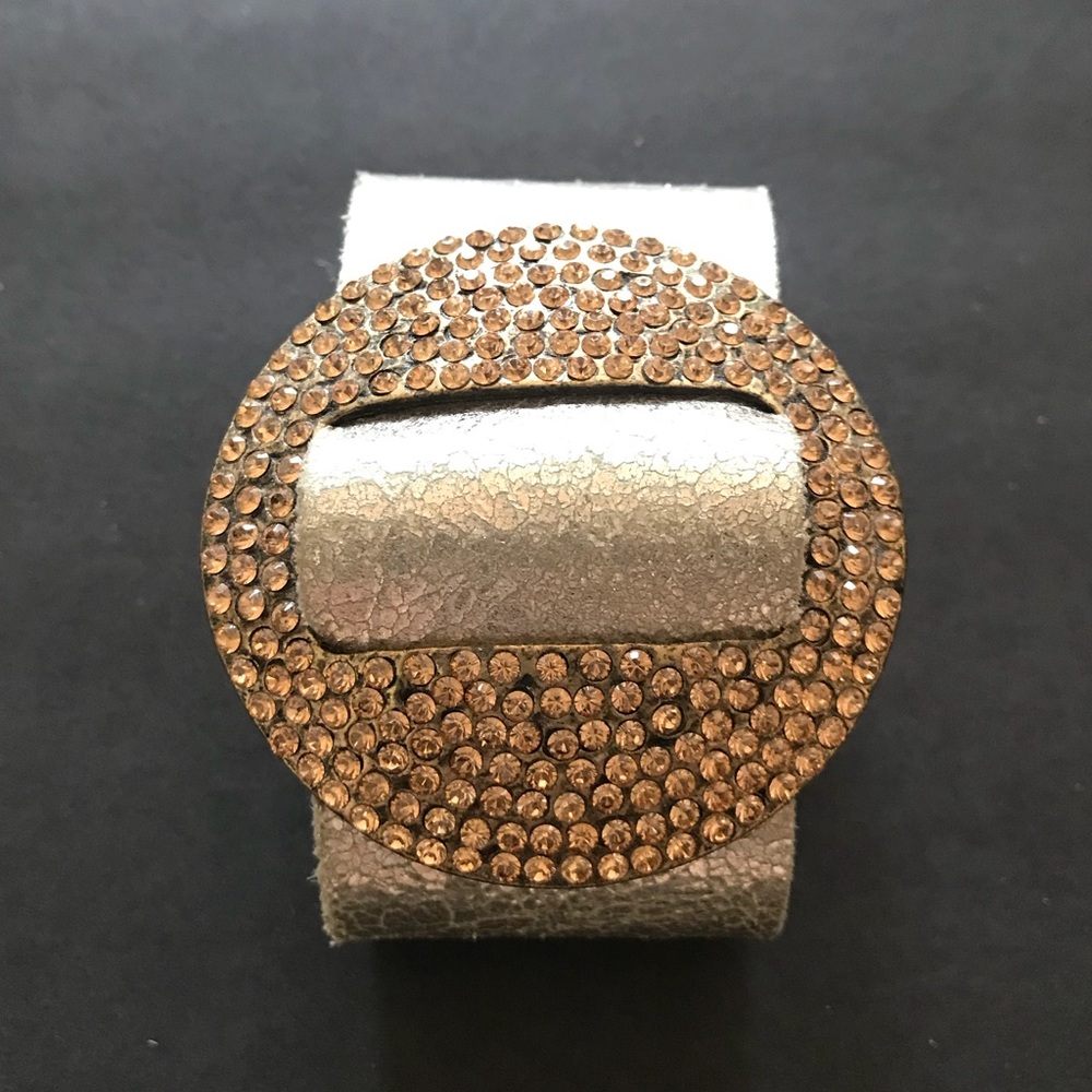 Gold Rhinestone and Faux Leather Bracelet